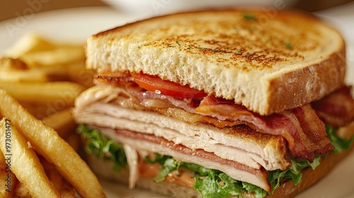 A close-up of a classic club sandwich with layers of turkey, bacon, lettuce, and tomato on toasted bread, served with a side of fries.