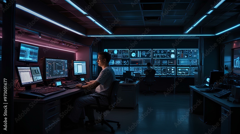 A technician operates in a high-tech room filled with glowing equipment and advanced technology, neon lights, screens, and cables are integral elements in the scene. A technician operates in a high-tech room filled with glowing equipment and advanced technology, neon lights, screens, and cables are integral elements in the scene.
