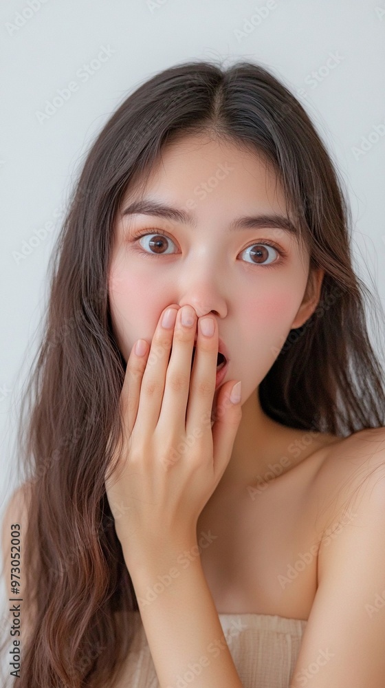 Portrait of a young Asian woman with long dark hair covering her mouth with her hand, expressing surprise or secrecy against a light background. Portrait of a young Asian woman with long dark hair covering her mouth with her hand, expressing surprise or secrecy against a light background.