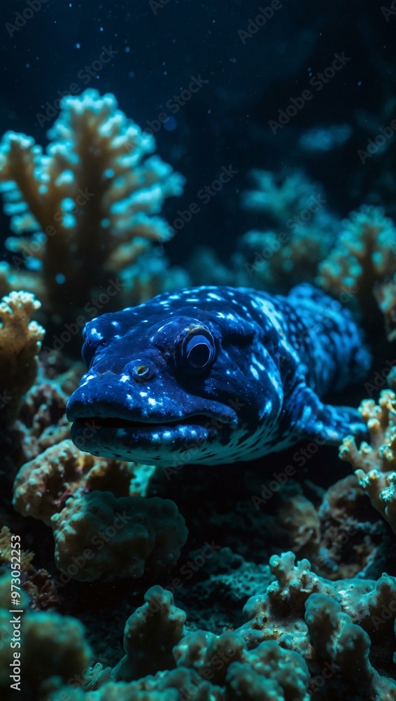 Bioluminescent wolf eel glowing blue in a sea of dark seaweed and coral. Bioluminescent wolf eel glowing blue in a sea of dark seaweed and coral.