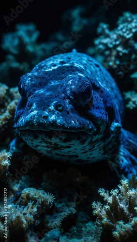 Bioluminescent wolf eel glowing blue in a sea of dark seaweed and coral. photo