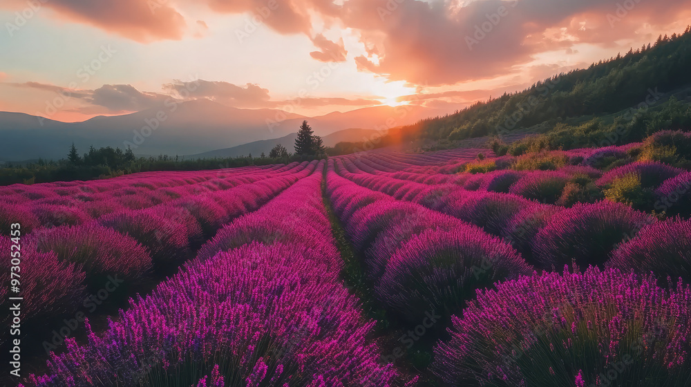Obraz premium Drone shot of a vibrant lavender field in full bloom, with the purple hues creating a calming and expansive landscape under a sunny sky.