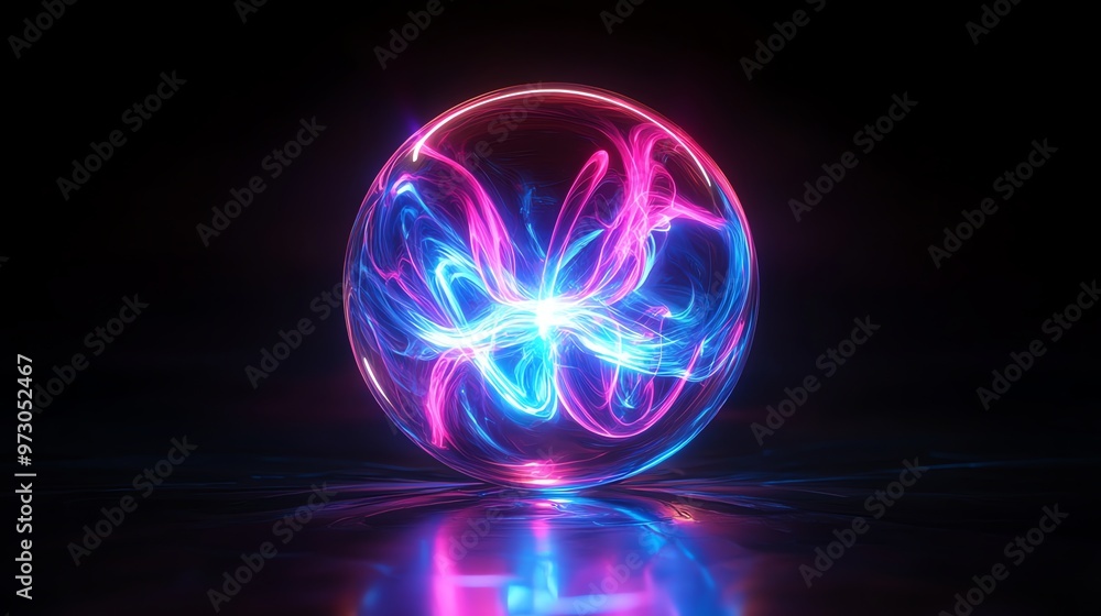 Obraz premium A glowing orb with pink and blue energy swirling inside on a dark background.