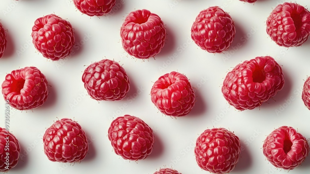 A close-up of fresh raspberries arranged in a geometric pattern on a white surface. A close-up of fresh raspberries arranged in a geometric pattern on a white surface.