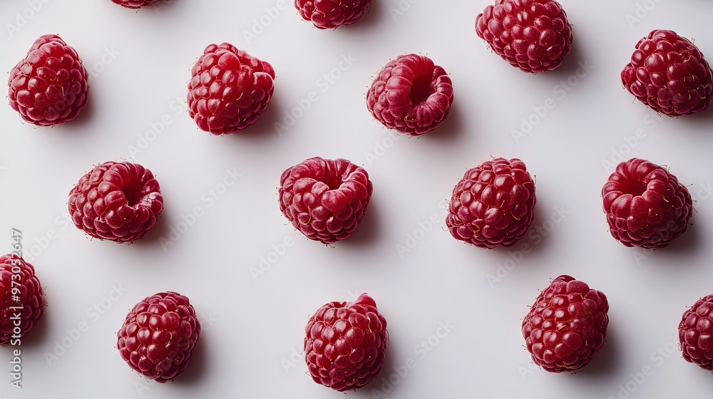 A close-up of fresh raspberries arranged in a geometric pattern on a white surface. A close-up of fresh raspberries arranged in a geometric pattern on a white surface.