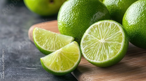 A close-up of bright green limes, some whole and some sliced, placed on a wooden cutting board.