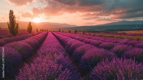 Aerial view of a vibrant lavender field in full bloom, with purple hues creating a calming and expansive landscape under a sunny sky.