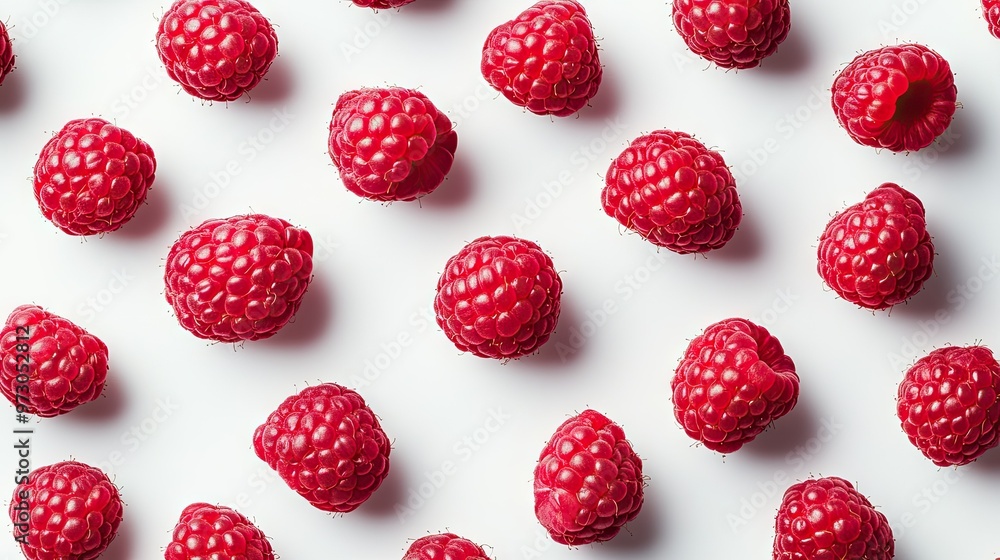 A close-up of fresh raspberries arranged in a geometric pattern on a white surface. - A close-up of fresh raspberries arranged in a geometric pattern on a white surface. -