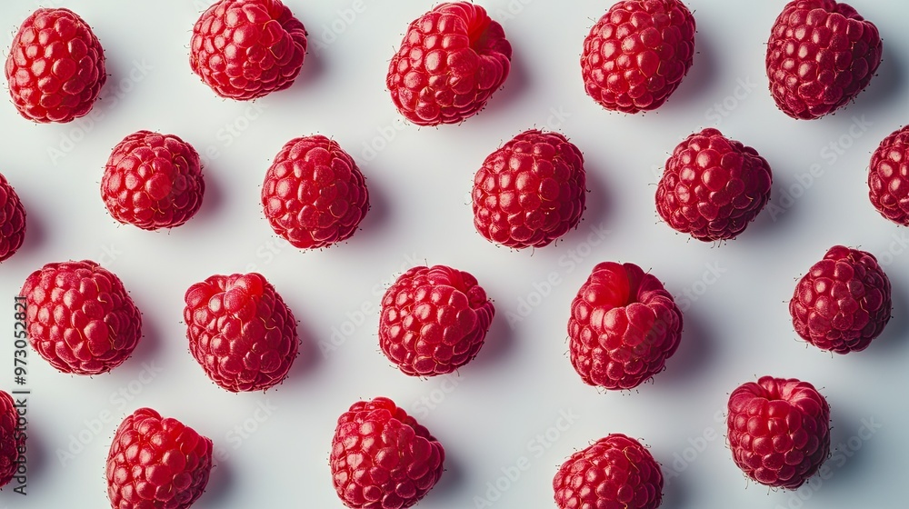 A close-up of fresh raspberries arranged in a geometric pattern on a white surface. - A close-up of fresh raspberries arranged in a geometric pattern on a white surface. -