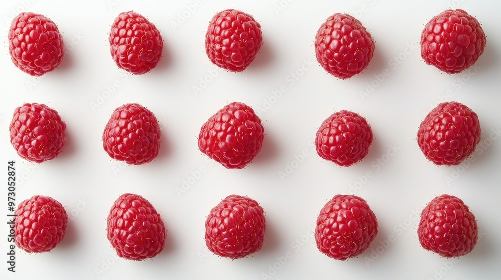 A close-up of fresh raspberries arranged in a geometric pattern on a white surface. A close-up of fresh raspberries arranged in a geometric pattern on a white surface.