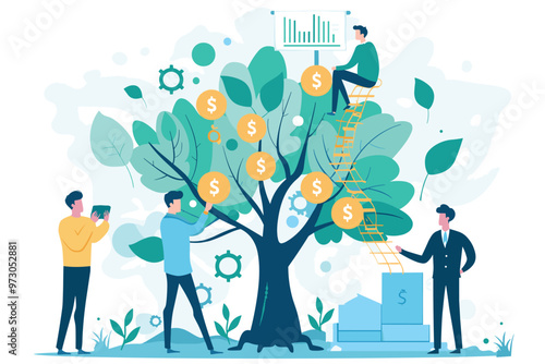 Businessmen measuring financial growth with money tree, company performance metrics, successful business analytics, income and earnings size