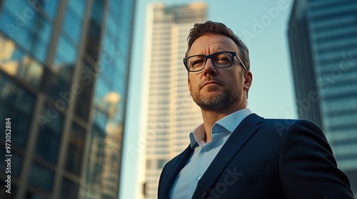 Confident businessman in glasses and suit gazes upward, framed by towering skyscrapers in a bustling urban financial district at golden hour.