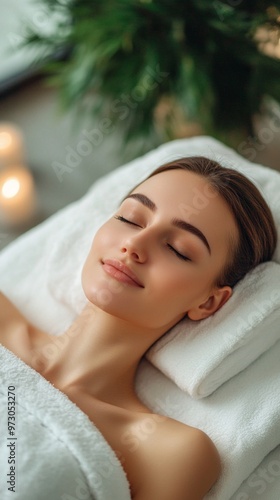 Serene woman relaxing at spa, eyes closed in blissful contentment. Soft lighting and greenery create tranquil atmosphere for ultimate pampering experience.