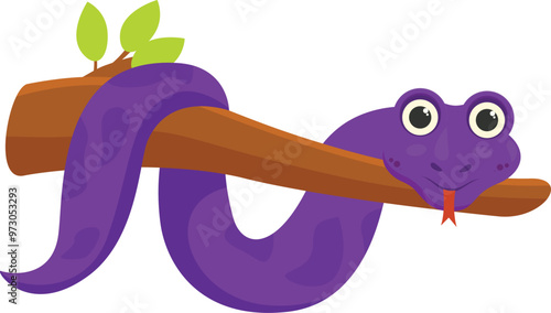 Cartoon purple snake is hanging on a tree branch, sticking its tongue out