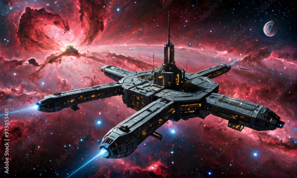 Obraz premium Futuristic Space Station Amidst Cosmic Nebula