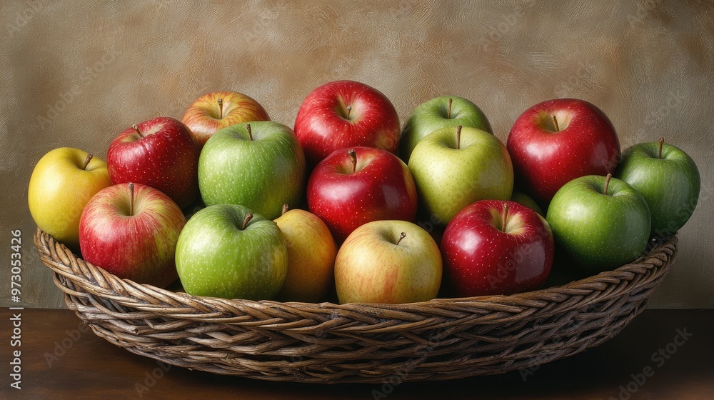 A collection of apples in various colors--red, green, and yellow--neatly arranged in a wicker basket. A collection of apples in various colors--red, green, and yellow--neatly arranged in a wicker basket.