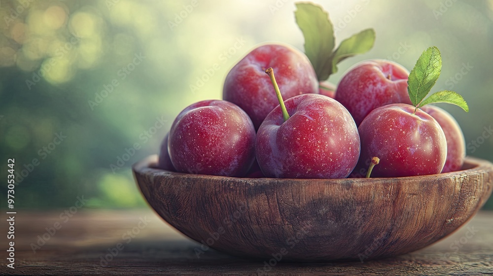 A collection of ripe, juicy plums arranged in a rustic wooden bowl, with a soft-focus background. A collection of ripe, juicy plums arranged in a rustic wooden bowl, with a soft-focus background.