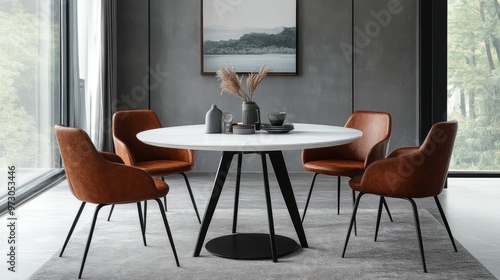 A round dining table with black metal legs and a white top, surrounded by four brown chairs on a gray carpet in front of a gray wall with a window. 