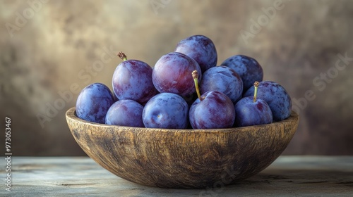 A collection of ripe, juicy plums arranged in a rustic wooden bowl, with a soft-focus background.