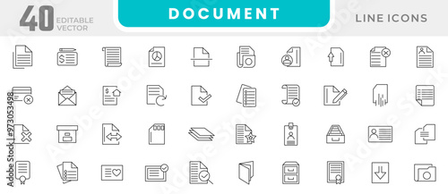 Document line icon set.  Order application, report paper containing passport, contract, agreement, ID card, certificate, license, law, and justice line icon set. UI thin line icon pack.