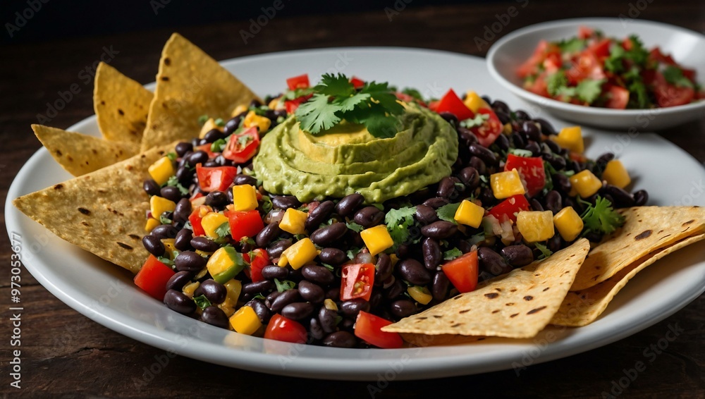 Black bean salad with tortilla chips and nachos Black bean salad with tortilla chips and nachos