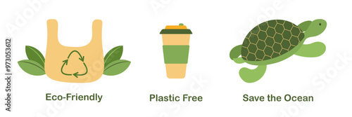 No plastic environment. Save ocean from plastic. Stop pollution sea. Problem with fauna because of waste. Save ecology. Eco friendly. Sustainable living concept. Vector illustration.