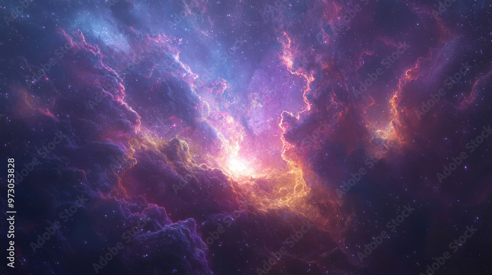Naklejka premium A stunning nebula like cloud with shining nucleus, showcasing vibrant colors and cosmic beauty. This celestial scene evokes sense of wonder and exploration in vast universe