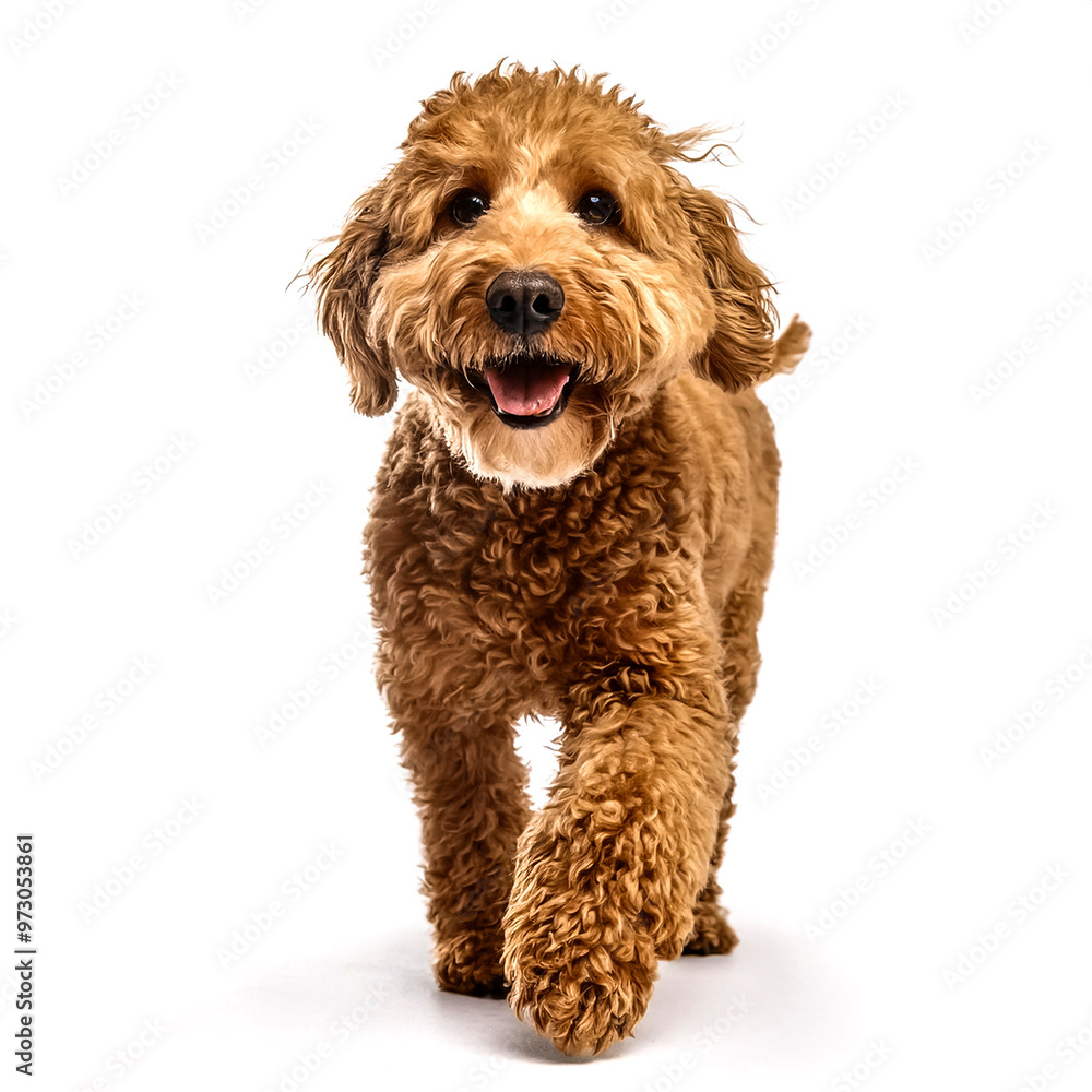 Studio Portrait of Smiling Goldendoodle with curly fur walking forward isolated on white background Studio Portrait of Smiling Goldendoodle with curly fur walking forward isolated on white background