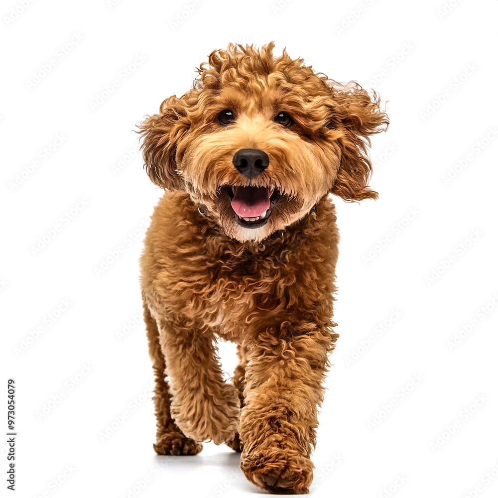 Studio Portrait of Smiling Goldendoodle with curly fur walking forward isolated on white background Studio Portrait of Smiling Goldendoodle with curly fur walking forward isolated on white background