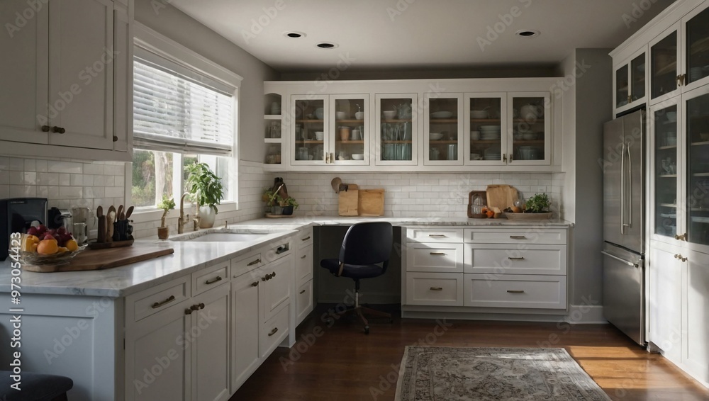 Bright kitchen with a small office nook and backyard view Bright kitchen with a small office nook and backyard view