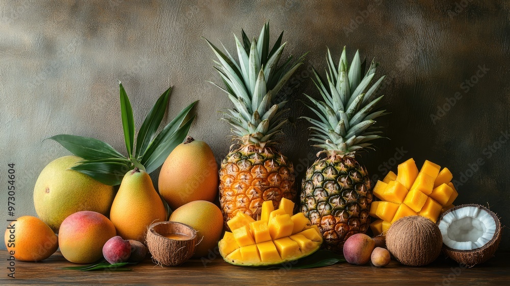 A collection of tropical fruits, including pineapples, mangoes, and coconuts, arranged on a wooden table. A collection of tropical fruits, including pineapples, mangoes, and coconuts, arranged on a wooden table.
