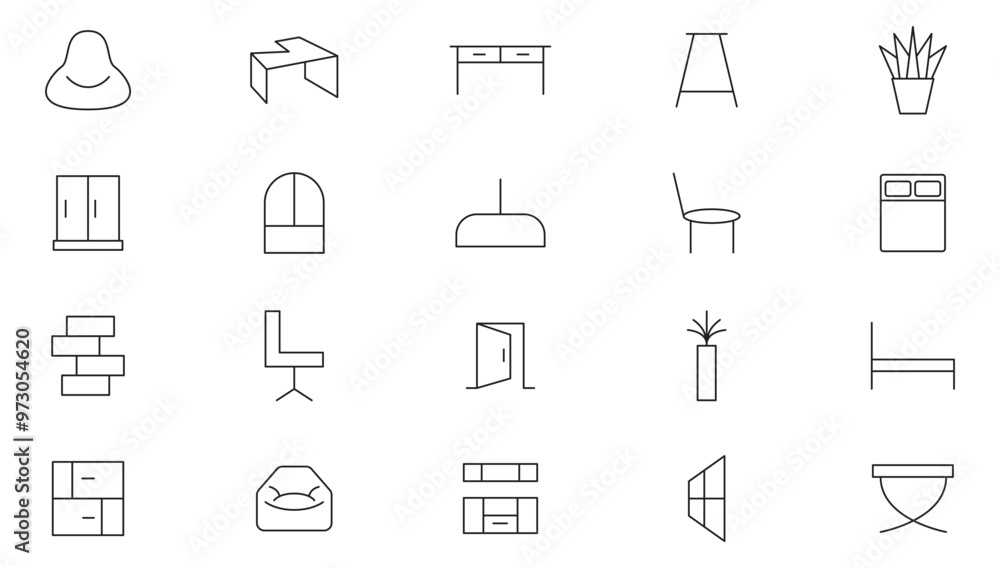 Furniture line icon set. Cabinet, closet, sofa, wardrobe, lamp, chair, home plant, garden furniture, Floor Light, Spotlight, Desk Lamp, Lantern, Chandelier line icon set. UI thin line icon pack. Furniture line icon set. Cabinet, closet, sofa, wardrobe, lamp, chair, home plant, garden furniture, Floor Light, Spotlight, Desk Lamp, Lantern, Chandelier line icon set. UI thin line icon pack.