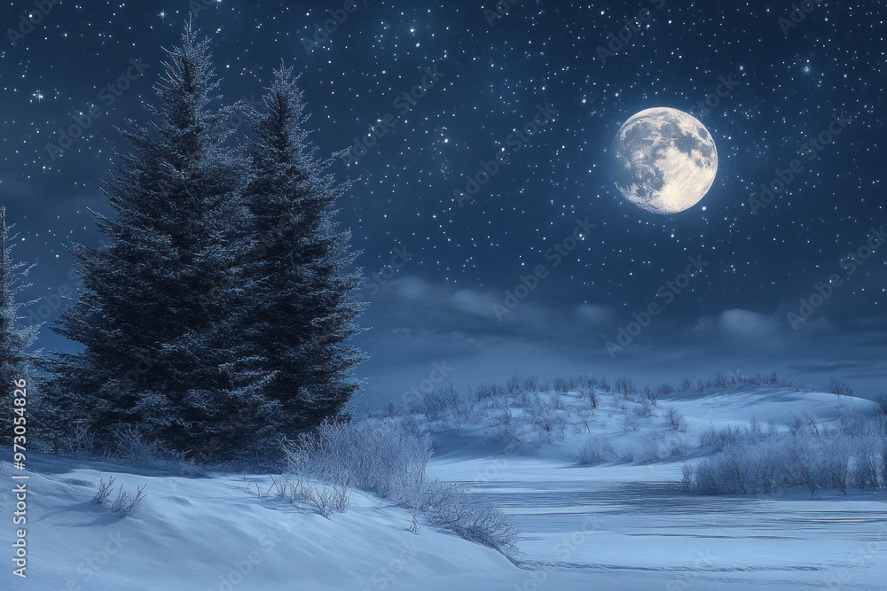 Serene Night: Full Moon Shining Over a Snow-Covered Winter Landscape Serene Night: Full Moon Shining Over a Snow-Covered Winter Landscape