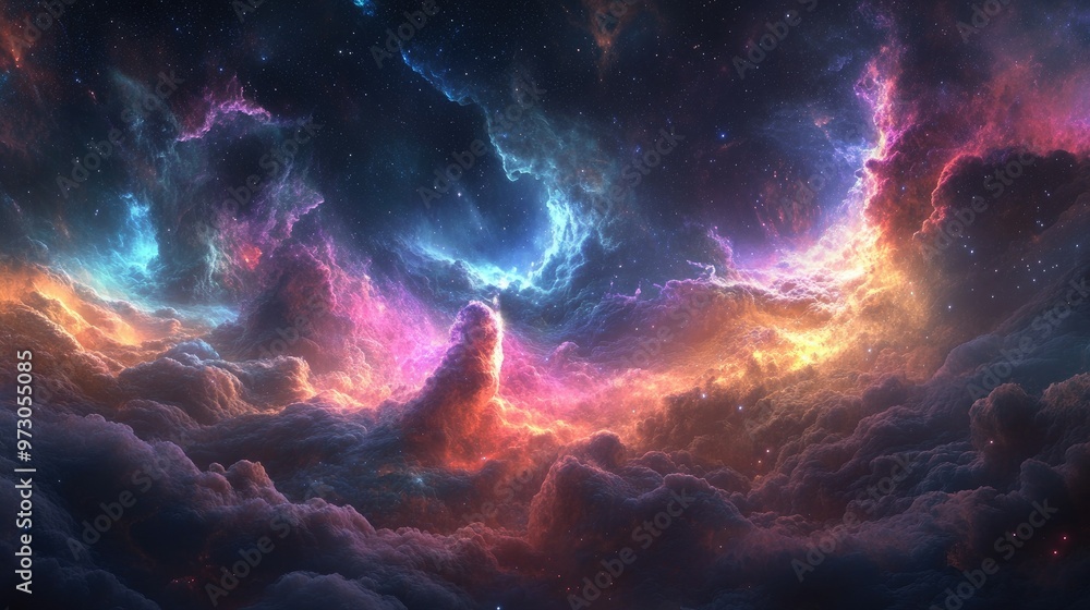 Fototapeta premium A cosmic abstract background with swirling clouds of gas and dust in deep space, glowing with vibrant colors.