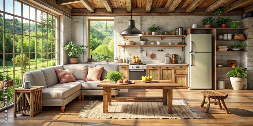 A rustic kitchen in summer spring light with an old fridge, wooden table, and eco-friendly wooden sofa A rustic kitchen in summer spring light with an old fridge, wooden table, and eco-friendly wooden sofa