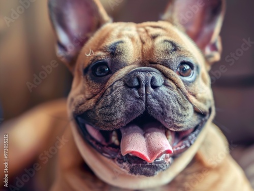 Close-up portrait of a happy French Bulldog with its tongue sticking out.