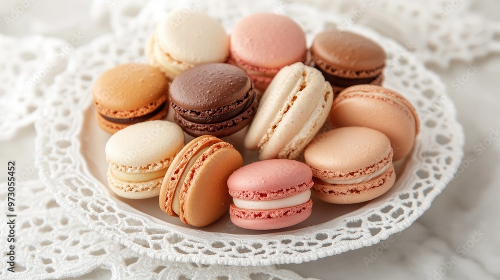 A delicate plate of macarons in various flavors, arranged on a white lace doily. A delicate plate of macarons in various flavors, arranged on a white lace doily.