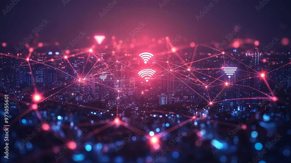 Fototapeta premium Wireless Network Connectivity Over a Nighttime Cityscape