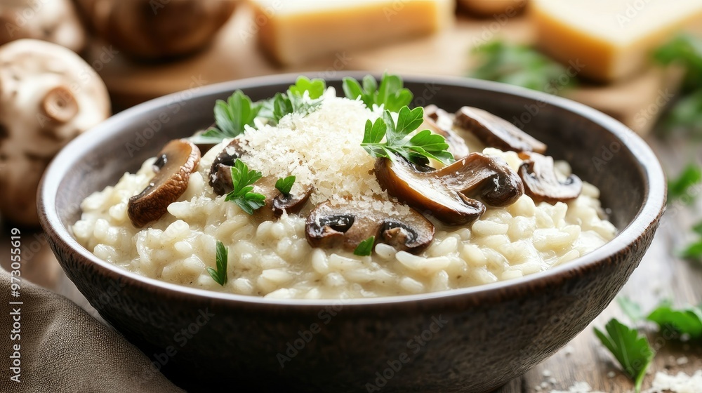 A delicious bowl of risotto with wild mushrooms and Parmesan cheese, garnished with fresh parsley. A delicious bowl of risotto with wild mushrooms and Parmesan cheese, garnished with fresh parsley.