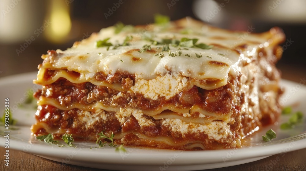 A delicious plate of homemade lasagna with layers of pasta, cheese, and a rich meat sauce, garnished with fresh herbs. A delicious plate of homemade lasagna with layers of pasta, cheese, and a rich meat sauce, garnished with fresh herbs.