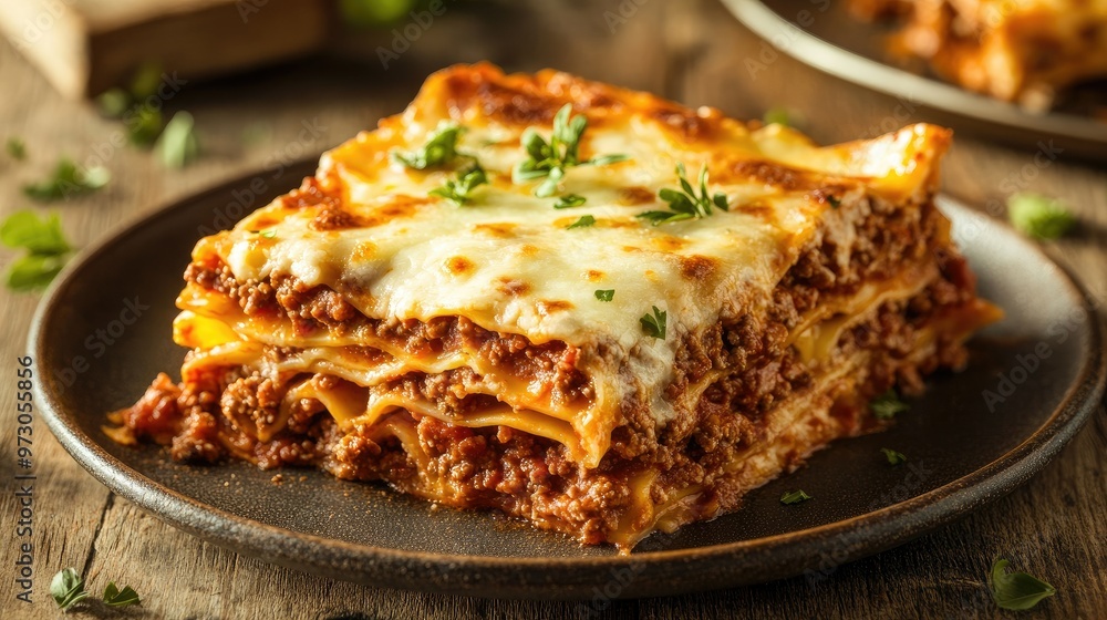 A delicious plate of homemade lasagna with layers of pasta, cheese, and a rich meat sauce, garnished with fresh herbs. A delicious plate of homemade lasagna with layers of pasta, cheese, and a rich meat sauce, garnished with fresh herbs.