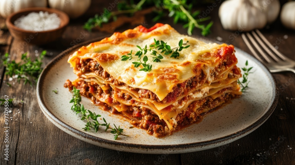 A delicious plate of homemade lasagna with layers of pasta, cheese, and a rich meat sauce, garnished with fresh herbs. A delicious plate of homemade lasagna with layers of pasta, cheese, and a rich meat sauce, garnished with fresh herbs.