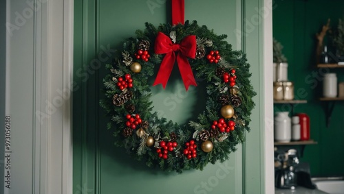 Christmas wreath hanging on a green wall in the kitchen.