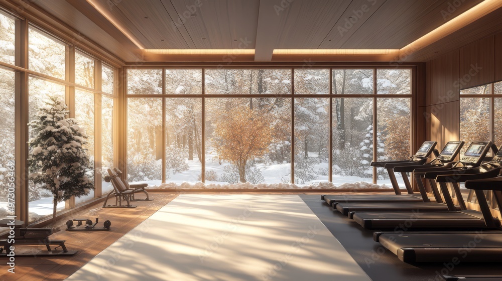 Panoramic Fitness Room View with Snowy Scene Through Windows Panoramic Fitness Room View with Snowy Scene Through Windows