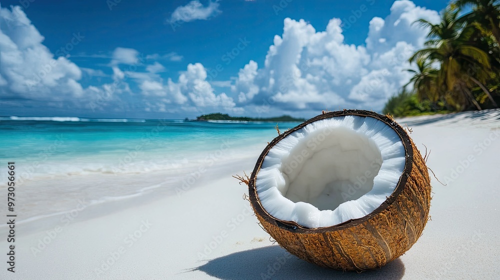 A fresh coconut cracked open, with the white meat exposed, sitting on a sandy beach. A fresh coconut cracked open, with the white meat exposed, sitting on a sandy beach.