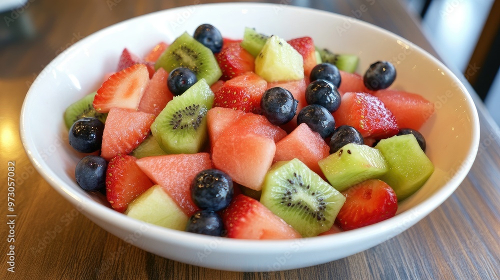 A fresh fruit salad featuring watermelon, kiwi, strawberries, and blueberries, served in a white bowl A fresh fruit salad featuring watermelon, kiwi, strawberries, and blueberries, served in a white bowl