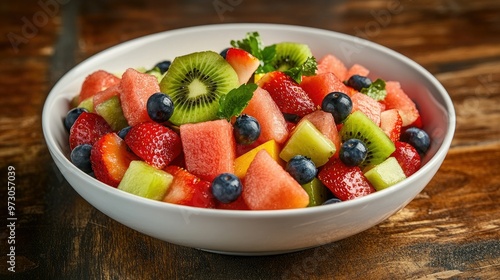 A fresh fruit salad featuring watermelon, kiwi, strawberries, and blueberries, served in a white bowl.