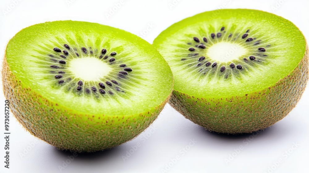 A fresh kiwi sliced in half, showing the bright green flesh and black seeds, placed on a white background. A fresh kiwi sliced in half, showing the bright green flesh and black seeds, placed on a white background.