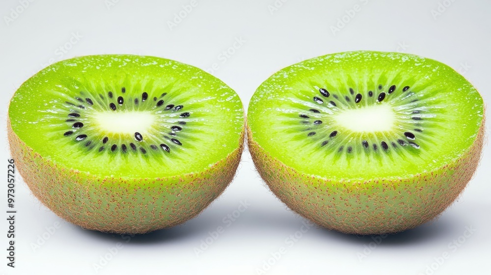 A fresh kiwi sliced in half, showing the bright green flesh and black seeds, placed on a white background A fresh kiwi sliced in half, showing the bright green flesh and black seeds, placed on a white background