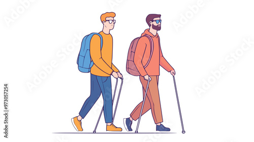Blind Man with Support Young Guy Helps Friend with Support isolated on white background